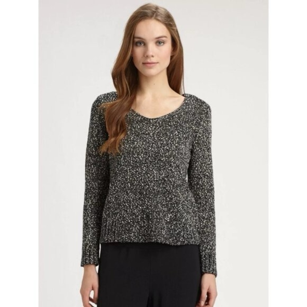 EILEEN FISHER Black White Textured 100% Cotton V-Neck | Size XL